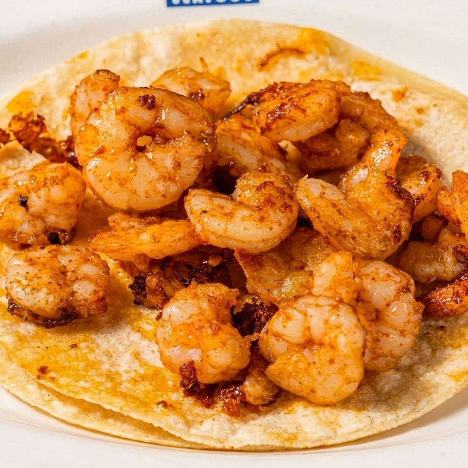Close-up of a shrimp taco on a white plate, featuring seasoned shrimp on a corn tortilla.