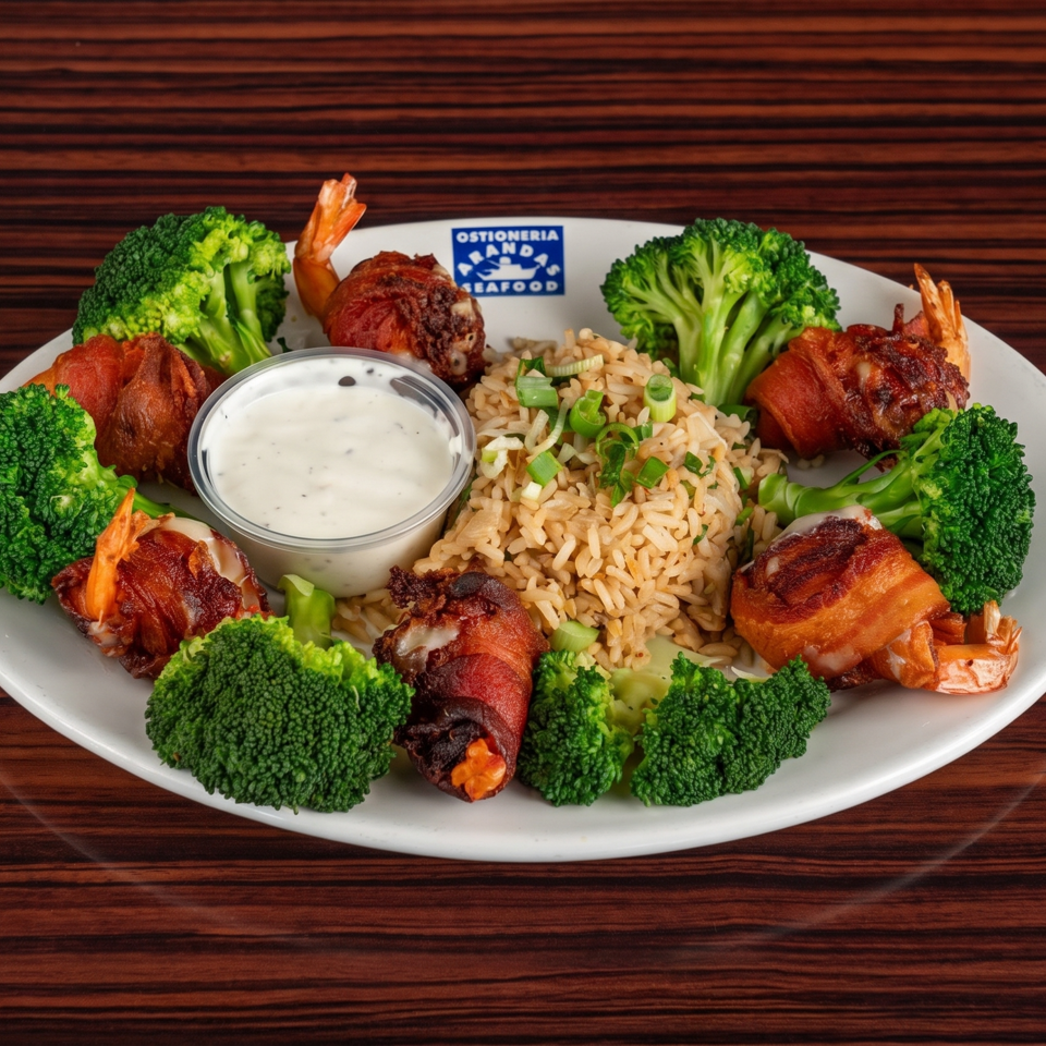 Bacon-wrapped shrimp, rice, broccoli, and dipping sauce on a white plate.