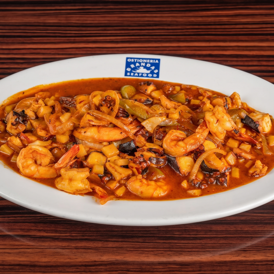 Seafood dish with shrimp, octopus, and vegetables in a rich red sauce on a white plate.