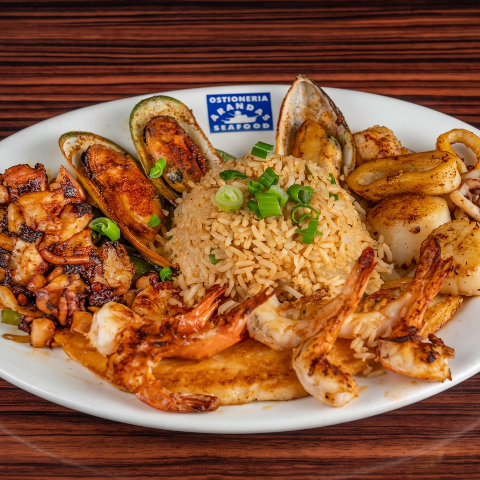 Grilled seafood platter with shrimp, squid, mussels, scallops, and octopus surrounding scallion-topped rice on a white plate.