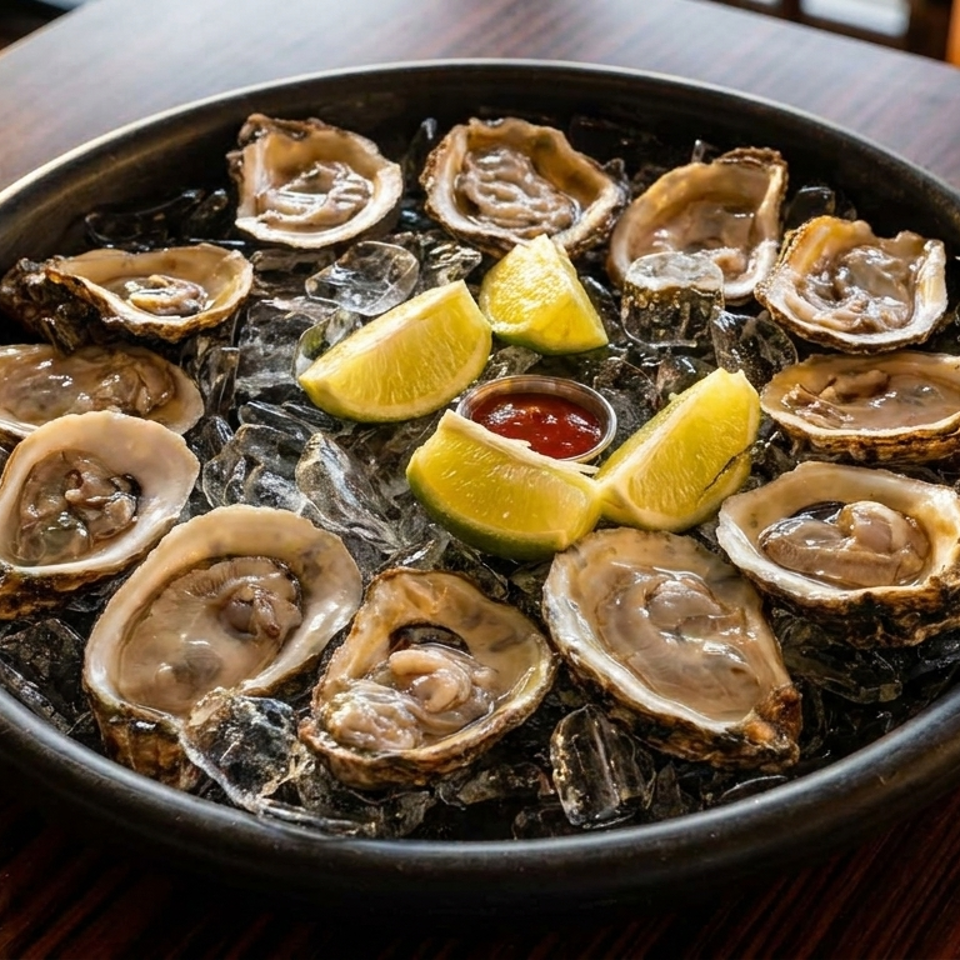 A dozen fresh oysters on the half shell, served on ice with lime wedges and cocktail sauce.