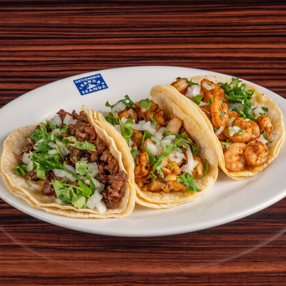 Three tacos with various fillings, cilantro, and onions on a white plate with a restaurant logo.