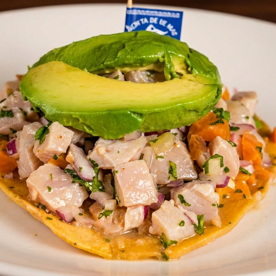 Ceviche tostada with diced fish, red onion, cilantro, and a large avocado slice on a white plate.