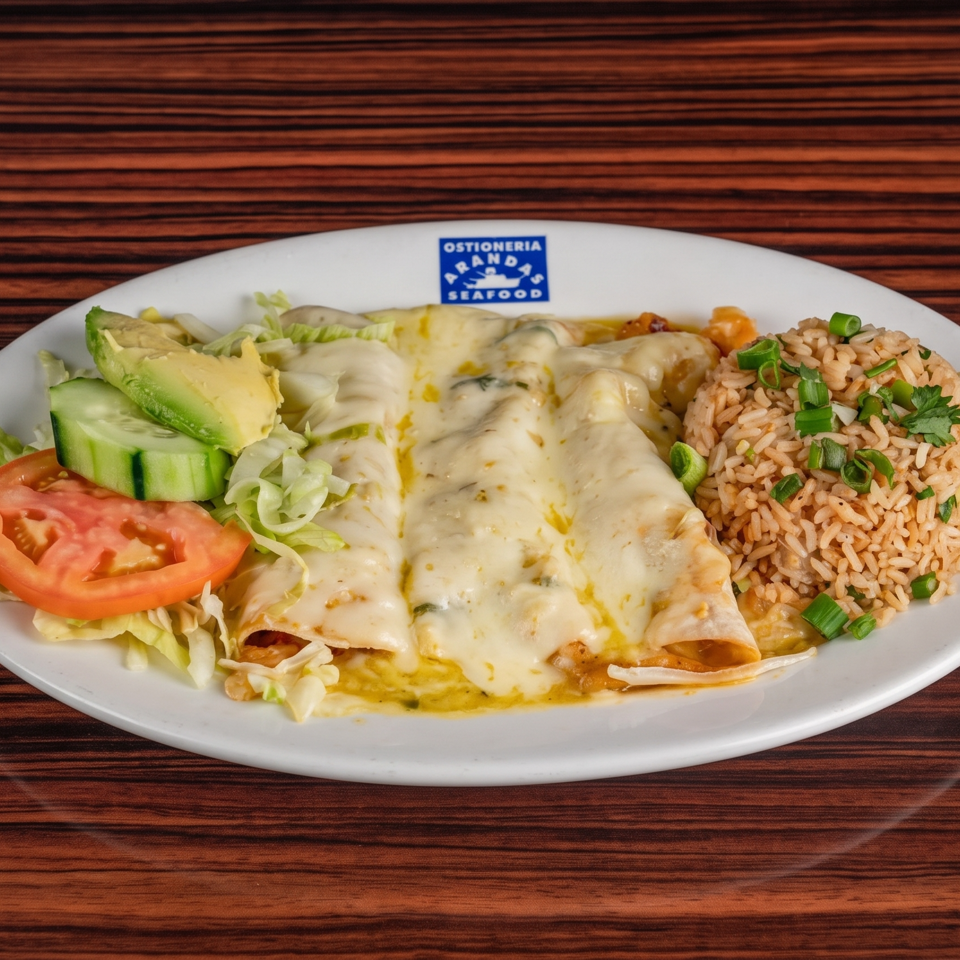 Three cheesy enchiladas with rice, lettuce, tomato, cucumber, and avocado on a white plate.