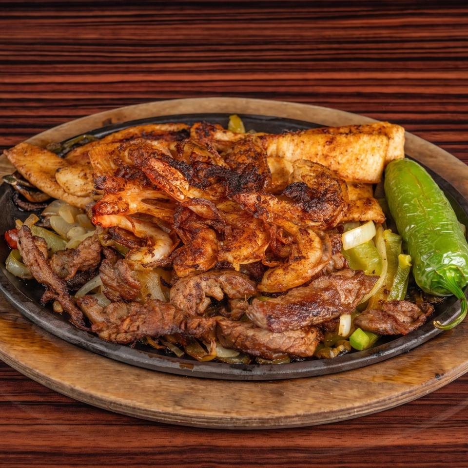 Sizzling fajita platter with chicken, shrimp, steak, onions, peppers, and a whole green chili.